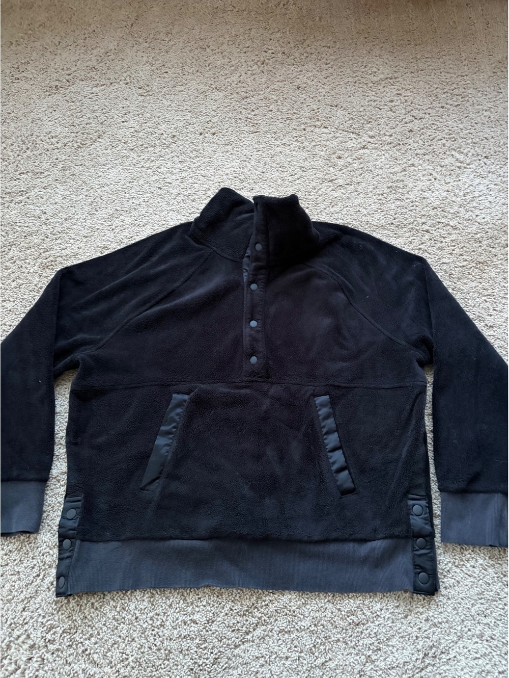 Athleta Recover Cozy Snap Front Sweatshirt black L LARGE high mock -neck collar